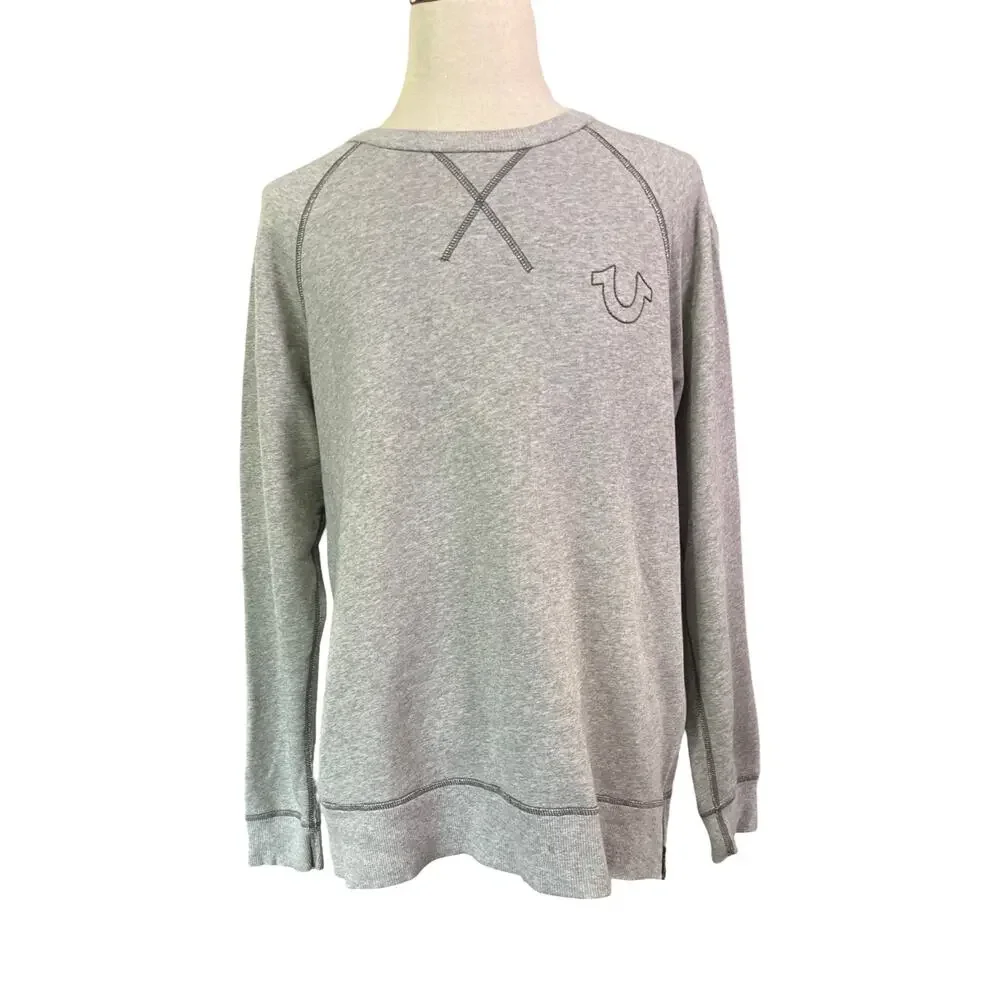 True Religion Gray Crewneck Sweatshirt Logo Raglan Zip Side Men’s Large
